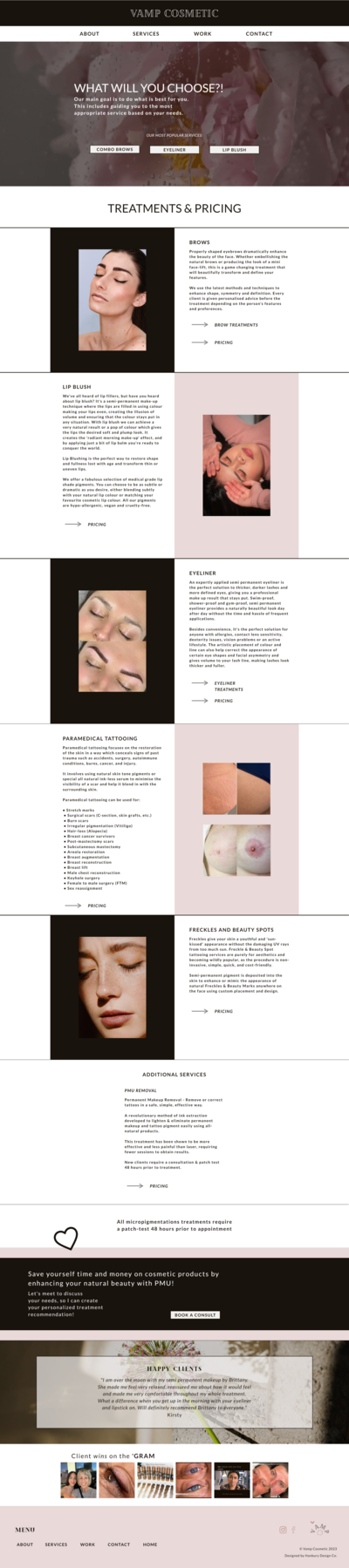 Services website page design for Vamp Cosmetic by Hanbury Design Co.