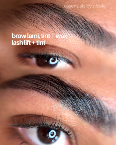 Close-up of brow lamination and tint and wax and lash lift results at Essentials by Nicole West Springfield MA