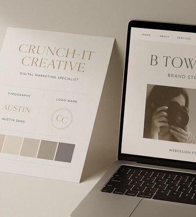 Laptop screen and printed board showing a minimalist brand presentation with muted color swatches.