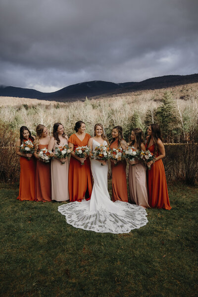 fall wedding in new hampshire, bride with her bridesmaids