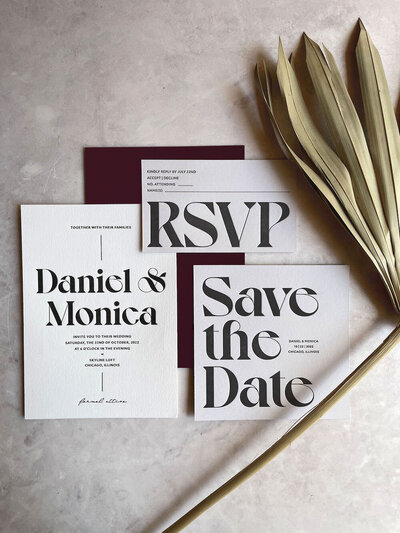 Modern, elegant, typographical semi-custom letterpress wedding invitations.