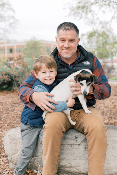Dad, son, and dog during family portrait session in Alexandria