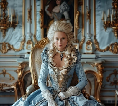 Life-like AI portrait of a woman dressed like a queen of the baroque era in a baroque room