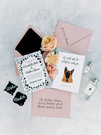 hand lettered wedding invitations featuring pet portrait