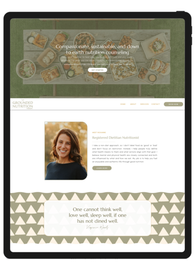 A screenshot of the newly redesigned Grounded Nutrition Therapy website displayed on an iPad, showcasing the modern, user-friendly layout and improved functionality after the redesign by Unica Formo.