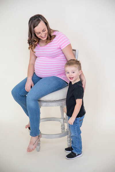 Photo of Mom sitting on stool and son | Maine Maternity Photographer