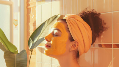 A woman relaxing with yellow facial mask on.
