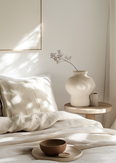 Tonvase an Bett mit Trockenblume