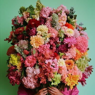 a gorgeous bouquet of flowers in front of a green wall