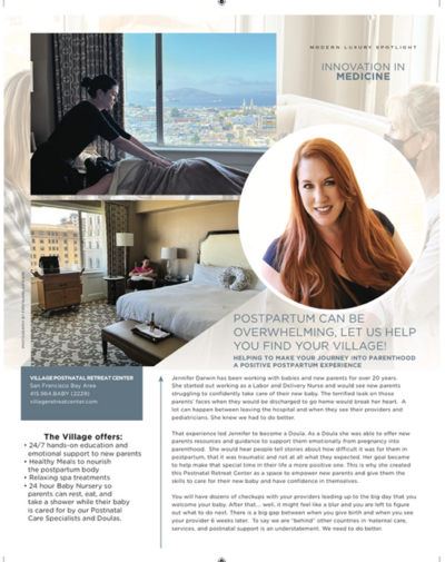 A screenshot of an article about the Village in Silicon Valley magazine. Text is mostly on the bottom half of the page. There is a large, round picture of the founder, Jen Darwin, a woman with red hair. Two other photos are on the left. One shows someone getting a massage in front of a large window showing a view of San Francisco. The other is of a hotel room.
