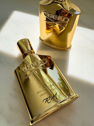 Personalized hand engraved  gold Creed cologne bottles