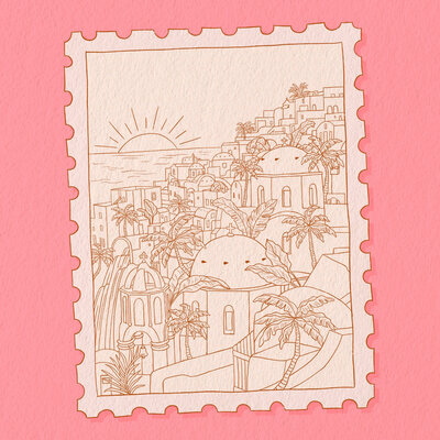 Freebie, free hand drawn coloring-in page inspired by Santorini and tropical islands, free colouring page digital download