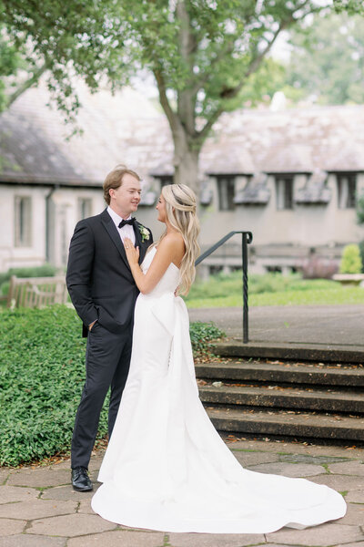 Bride and groom at their wedding venue smiling