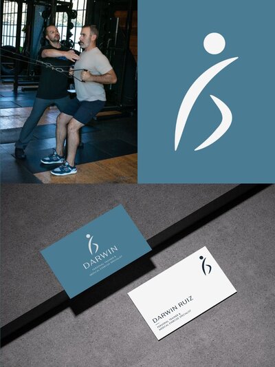 Split-image showing Darwin Ruiz guiding a client through a strength training movement on the left, with his brand icon and business card mockups below—showcasing the Darwin logo, type treatment, and cohesive branding in a fitness environment.