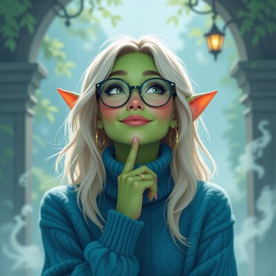 Blonde goblin wearing blue shirt and posing like she's thinking