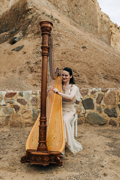 Harpist in a champagne dress at a Death Valley wedding ceremony