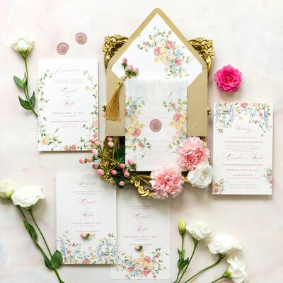 Burgundy pocket-fold & Gold Foil wedding invitation