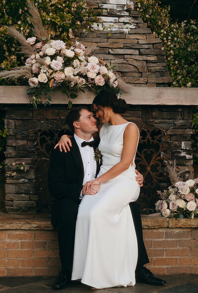 Bride and groom walk up memorial steps at their DC wedding