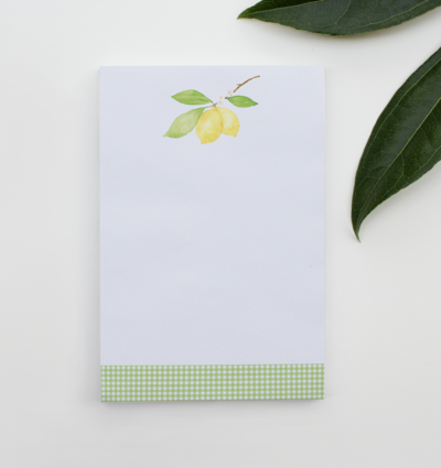 Keep notes, organize your to-do list or make your grocery list on this beautiful watercolor lemon branch notepad.  This 70 lb. bright white smooth paper is so lovely to glide your pen across - and the 5.5” x 8.5” size allows for plenty of room to write.   This notepad features a lovely watercolor lemon branch with a matching green gingham print across the bottom border.  :: These notepads make lovely teacher gifts and hostess gifts! ::