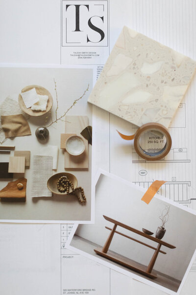 A selection of finishes, inspiration images, and construction drawings for an interior design project.