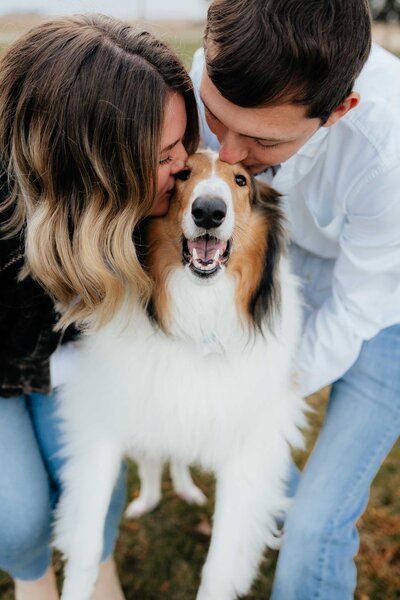 Candid lifestyle couples photography session in Ohio featuring their dog—captured by a professional Midwest photographer specializing in authentic, pet-friendly engagement and family portraits.