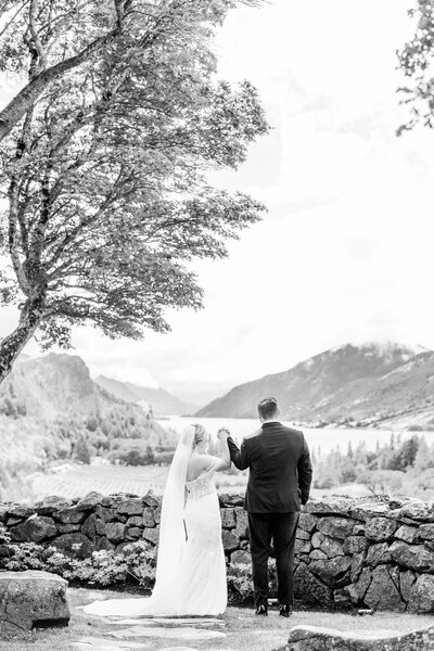 bride and groom cheering at their wedding in Hood River Oregon