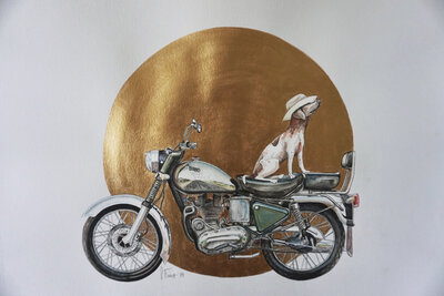 Painting of a dog on a motorcycle