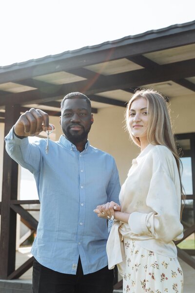 A home owner couple in front of their home holding a key