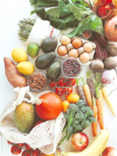 Aerial shot of vegetables and groceries spread out