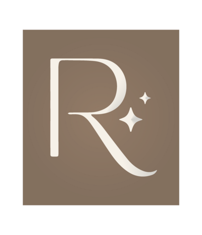 A stylized, uppercase letter "R" with two star-like shapes beside it is centered on a brown square background. The overall design is minimalistic and elegant, featuring a light-colored, serif font for the letter and stars.