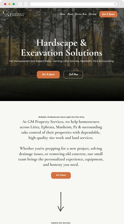 web design portfolio display of website built for local excavator and hardscape professional in Lititz, Pa