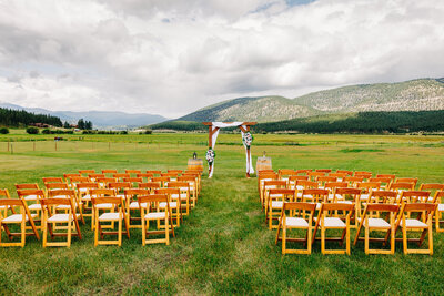 Outdoor wedding ceremony set-up at P-7 Base Camp in Potomac, MT