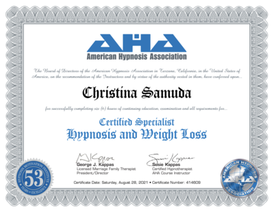 Christina Samuda Certified Specialist in Hypnosis and Weight Loss