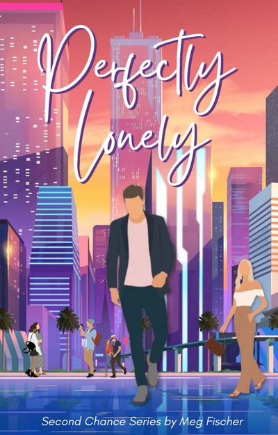 Book cover concept for Perfectly Lonely includes the title and features a neonwave city background with vector figures of faceless people. the man focus is a man walking toward us.