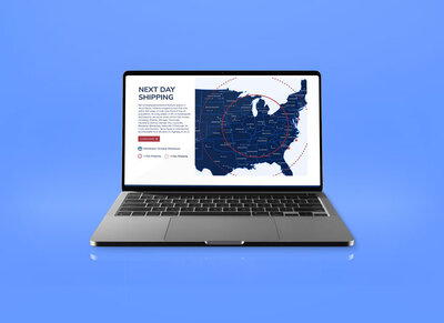 A laptop featuring an interactive map feature for a marketing website redesign project led by Ashley Stepanoff.