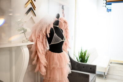 A stunning display of pink angel wings illuminated by natural light from a grand window wall at Leslie Q Photography’s luxury portrait studio in New Carlisle, IN. This elegant and artistic setup embodies empowerment, beauty, and the unforgettable experience of a celebrity-style photo session.