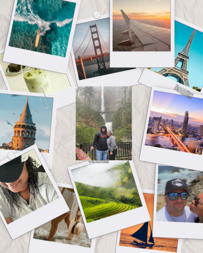 Collage of Letitia Hopkins and her husband traveling together and dreaming of future destinations, reflecting aligned partnership, love, emotional connection, and Main Character Energy as part of her life, love, and relationship coaching work.