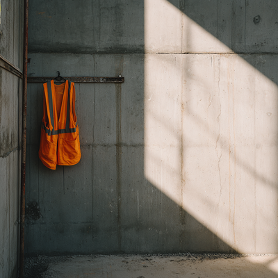 High-visibility safety vest hanging on concrete wall, representing Serlana Construction’s safety-first values.