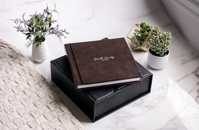 Brown leather covered wedding album