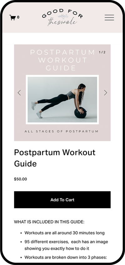 iPhone mockup of Good For The Swole Postpartum Workout Guide page