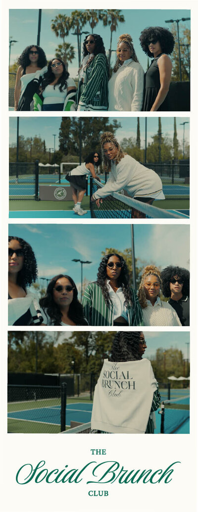 A polaroid strip of images of women on a tennis court.