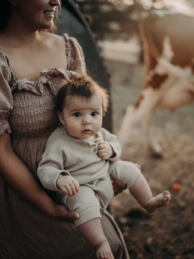 A barefoot, baby boy is held facing forward by his mother, who is wearing a mauve colored maxi dress while outside on their farm at sunset.