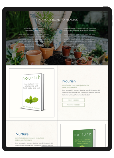 Website design for A Nourishing Word with warm green and blue earth tones throughout.