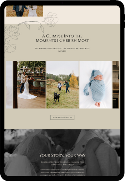 Ipad view of wedding and lifestyle photographer showit website design5