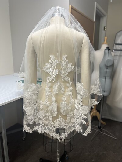 custom lace bridal veil made to match brides wedding gown