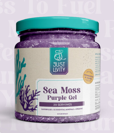 Mason jar with purple gel inside. Packaging label is for Just Livity. The jar sits on a purple background with large type floating in the background.