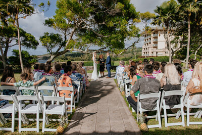 A picture of a 50 person wedding in Maui Hawaii at the Pineapple Chapel a sweet adorable wedding with perfect weather