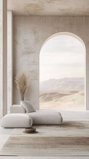 Minimalist neutral-toned interior with modern furniture, dried grass decor, and arched view to a serene desert landscape — luxury lifestyle aesthetic