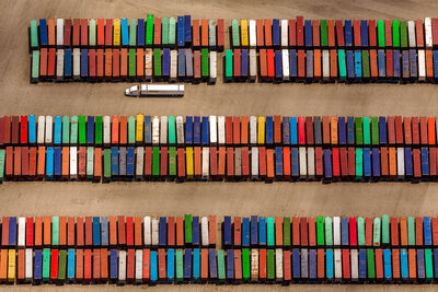 aerial photo of truck trailers colorful