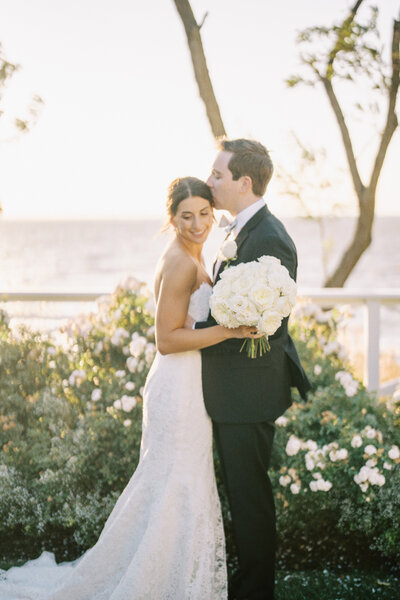 Bride and groom walk up memorial steps at their DC wedding